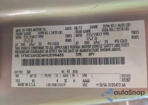 2017 Ford Escape Se из США, поврежденный, VIN 1FMCU0GD4HUE98455